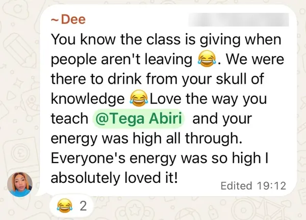 WhatsApp message from Dee: you know the class is giving when people aren't leaving