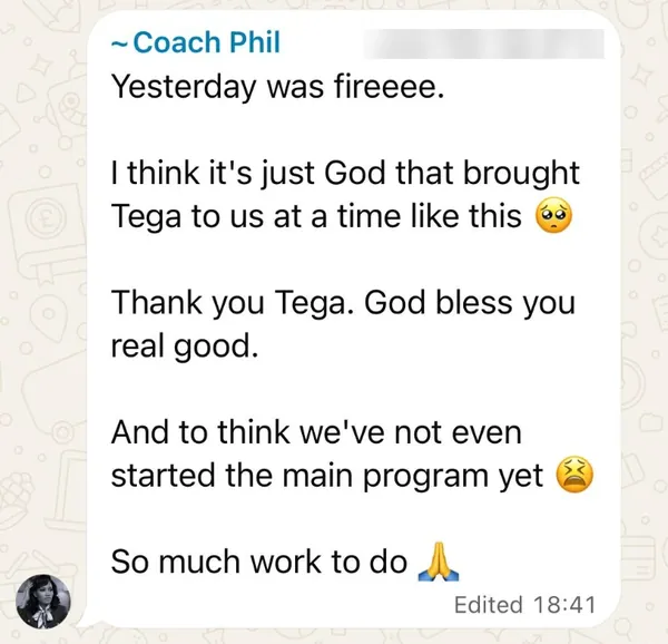 WhatsApp message from Coach Phil: yesterday was fire, and we've not even started the main program yet