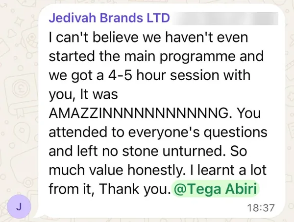 WhatsApp message from Jedivah Brands LTD: a 4 to 5 hour session that left no stone unturned