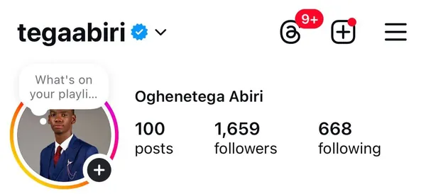 Tega's Instagram profile early on: 100 posts and 1,659 followers